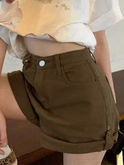 Brown Cuffed Hem Denim Shorts