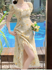Beach Vacation Yellow Floral Puff Sleeve Dress for Women Summer HOT1132