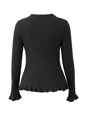 Lace Trim Button Front Black Knit Top
