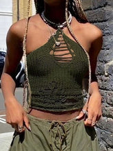 Distressed Green Halter Crop Cami Top