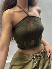 Distressed Green Halter Crop Cami Top