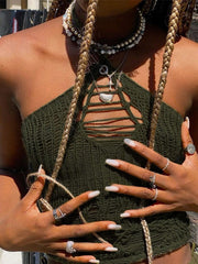 Distressed Green Halter Crop Cami Top