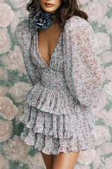 BXOXO - Floral Printed V Neck Backless Tiered Dress