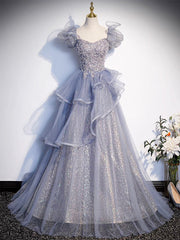 BXOXO A-Line Sweetheart Neck Tulle Sequin Gray Blue Long Prom Dress, Gray Blue Long Formal Dress