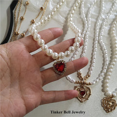 BXOXO Kpop Vintage Love Heart Pendant Choker Necklace For Women Zircon Pearl Chain Party Aesthetic Jewelry Christmas Gift