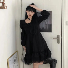 BXOXO Gothic Black Lace Ruffle Dress For Girls Princess Party Ruched Fairy Grunge Long Sleeve Dresses Woman Fashion Korean
