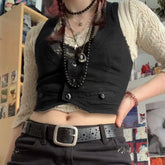 BXOXO y2k Vintage Button Corset Top Black Sleeveless Tank Tops Skinny V Neck Aesthetic Punk Crop Top Grunge Fairycore Women Mini Vests