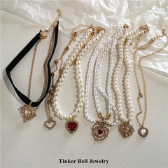 BXOXO Kpop Vintage Love Heart Pendant Choker Necklace For Women Zircon Pearl Chain Party Aesthetic Jewelry Christmas Gift