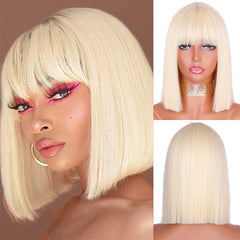 BXOXO Synthetic Blonde Wig with Bangs Short Wigs for Women Golden Wig Straight Bob Wig Natural Heat Resistant Wigs 11 Inches for Party