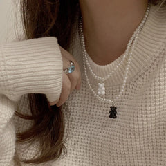 BXOXO Candy Black and White Resin Bear Necklace for Women Pearl Chain Beads Choker Link Jewelry Bohemia