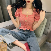 Bxoxo Vintage Plaid Crop Blouse Women Summer Square Collar Puff Sleeve Button ladies Tops Blouses Shirts chemisier femme