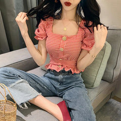 Bxoxo Vintage Plaid Crop Blouse Women Summer Square Collar Puff Sleeve Button ladies Tops Blouses Shirts chemisier femme