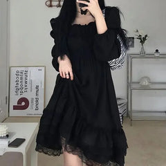 BXOXO Gothic Black Lace Ruffle Dress For Girls Princess Party Ruched Fairy Grunge Long Sleeve Dresses Woman Fashion Korean