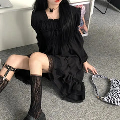 BXOXO Gothic Black Lace Ruffle Dress For Girls Princess Party Ruched Fairy Grunge Long Sleeve Dresses Woman Fashion Korean