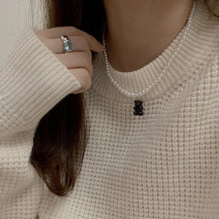 BXOXO Candy Black and White Resin Bear Necklace for Women Pearl Chain Beads Choker Link Jewelry Bohemia