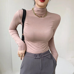 BXOXO New High Collar Modal Autumn Winter Women Base Shirt Casual Solid Long Sleeve Slim Stretch T-shirt Ladies Fashion Tops