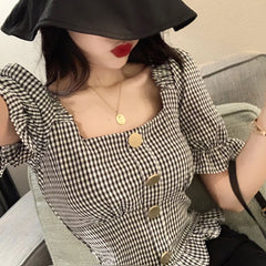 Bxoxo Vintage Plaid Crop Blouse Women Summer Square Collar Puff Sleeve Button ladies Tops Blouses Shirts chemisier femme