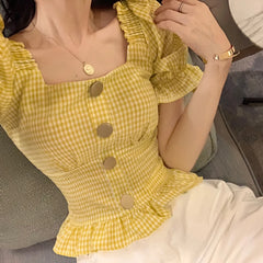Bxoxo Vintage Plaid Crop Blouse Women Summer Square Collar Puff Sleeve Button ladies Tops Blouses Shirts chemisier femme