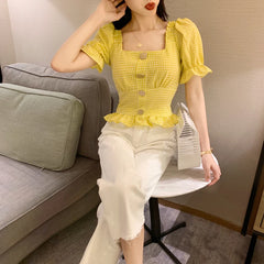 Bxoxo Vintage Plaid Crop Blouse Women Summer Square Collar Puff Sleeve Button ladies Tops Blouses Shirts chemisier femme