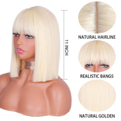 BXOXO Synthetic Blonde Wig with Bangs Short Wigs for Women Golden Wig Straight Bob Wig Natural Heat Resistant Wigs 11 Inches for Party