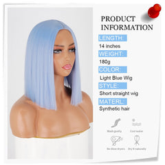 BXOXO Synthetic Light Blue Wig Straight Hair Bob Cut Wig Middle Part Shoulder Length Fashion Bob Wigs for Women Cosplay Wig