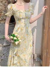 Beach Vacation Yellow Floral Puff Sleeve Dress for Women Summer HOT1132