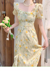 Beach Vacation Yellow Floral Puff Sleeve Dress for Women Summer HOT1132