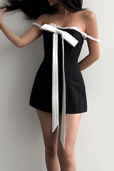 BXOXO - Lace Straps Bow-tie Striped Cami Dress