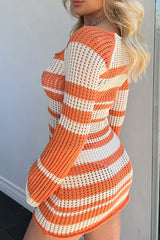 BXOXO - Multi-color Contrast Hollow Out Knit Dress