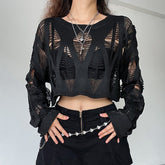grunge outfits Knitted Blouse T Top Summer and Autumn Women's Clothing Hot Girl Sexy Ripped Dark Hollow Long Sleeve