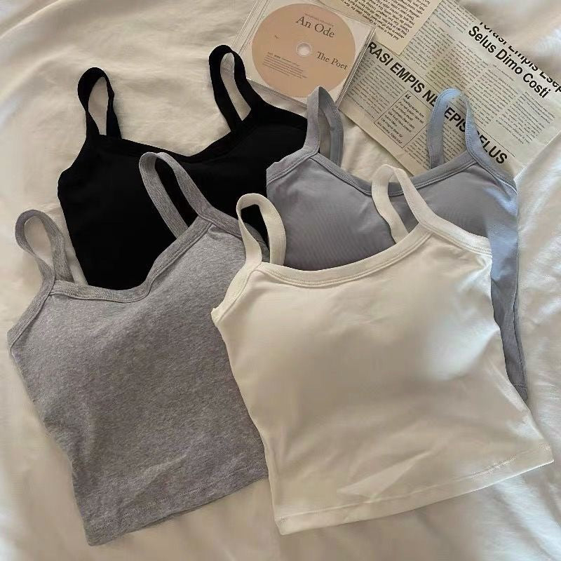 Summer Hot Girl Solid Color Casual Simple Tube Top Anti-Exposure with Chest Pad Sling Belly Covering Vest Sleeveless Inner Top