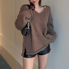 fall outfits aesthetic American-Style Retro Brown Curling Split V-neck Sweater Basic Loose Lazy Casual Pullover Knitted Top Autumn