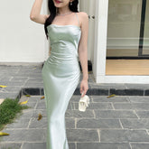 prom dresses Diagonal Cut Crystal Satin Backless Sling Dress Strap Sexy Slim Dress