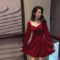 new year outfit French Style Dress New Year Clothes Women's Battle Dress Hepburn Style Velvet Dress Red Retro Square Collar Bottoming Dress