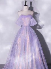 BXOXO Purple A-Line Tulle Sequin Long Prom Dress, Purple Sequin Long Formal Dress