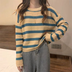 joker costume female outfit round Neck Striped Knitted Bottoming Shirt Sweater Women's Autumn and Winter Fashion Japanese Style Lazy Style Loose Pullover Top