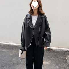 fall outfits women Korean Style Casual Loose Black Motorcycle PU Leather Jacket for Women Spring and Autumn Versatile Slimming plus Size Leather Jacket