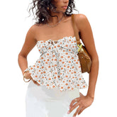 summer outfits inspo Women's Summer New Printed off-Shoulder Sexy Lace-up Base Tube Top Floral Top