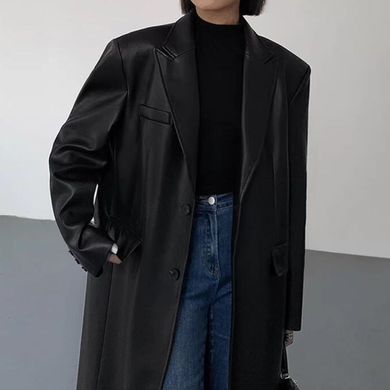 black outfit Black Mid-Length Leather Coat for Women Spring and Autumn Fashion New Loose over-the-Knee PU Leather Suit Coat Trendy