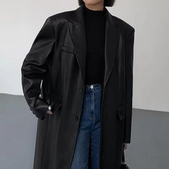 black outfit Black Mid-Length Leather Coat for Women Spring and Autumn Fashion New Loose over-the-Knee PU Leather Suit Coat Trendy