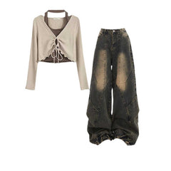 shamar Retro Hong Kong Style Wear a Whole Suit Two-Piece Halter Top with Casual Jeans Two-Piece Set