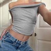 going out outfits Women's Clothing Summer New Solid Color off-Shoulder Exposed Navel Short Top Sexy T-shirt for Women