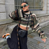 clothes Mori Sweet Style Contrast Color Stitching Hollow-out Short Woolen Blouse Small Loose round Neck Long Sleeve Top