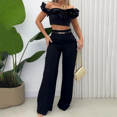 summer outfits inspo Summer New Women's Clothing Solid Color off-the-Neck Navel Top Sweet and Spicy Style Two-Piece Set