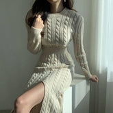 long sweater dress outfit Double-Sided Wear Scheming Machine Waist Slimming Twist Sweater Dress Autumn and Winter Slim Split Knitted Dress