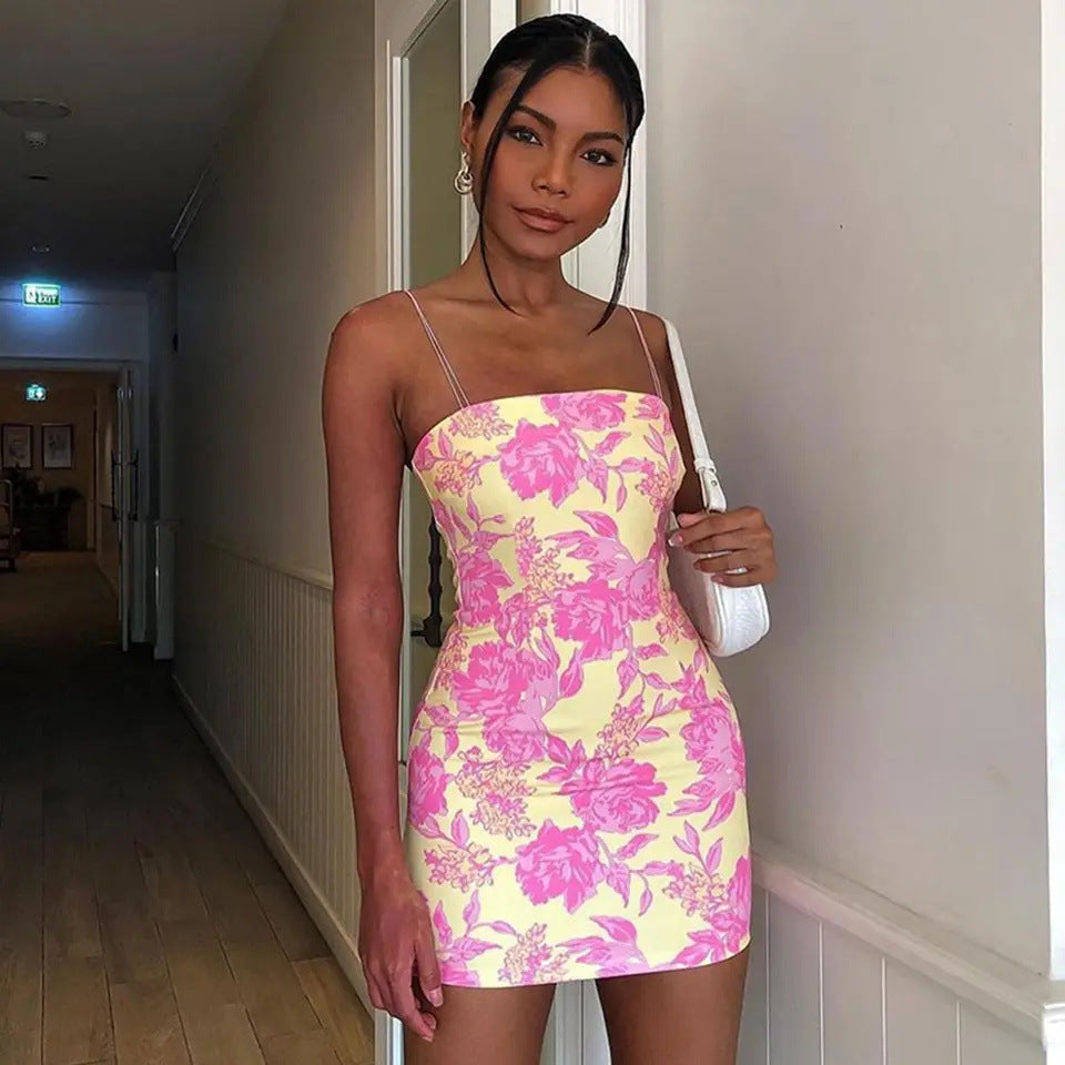 hoco dresses Women's Bright Printed Sling off-Neck Low-Cut Waist Tight Hip Sexy Hot Girl Short Dress