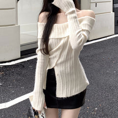 simple winter outfits Millennium Hot Girl White Moonlight Split Breasted Flip off-Shoulder Long Sleeve Top Lazy Style Slimming Sweater
