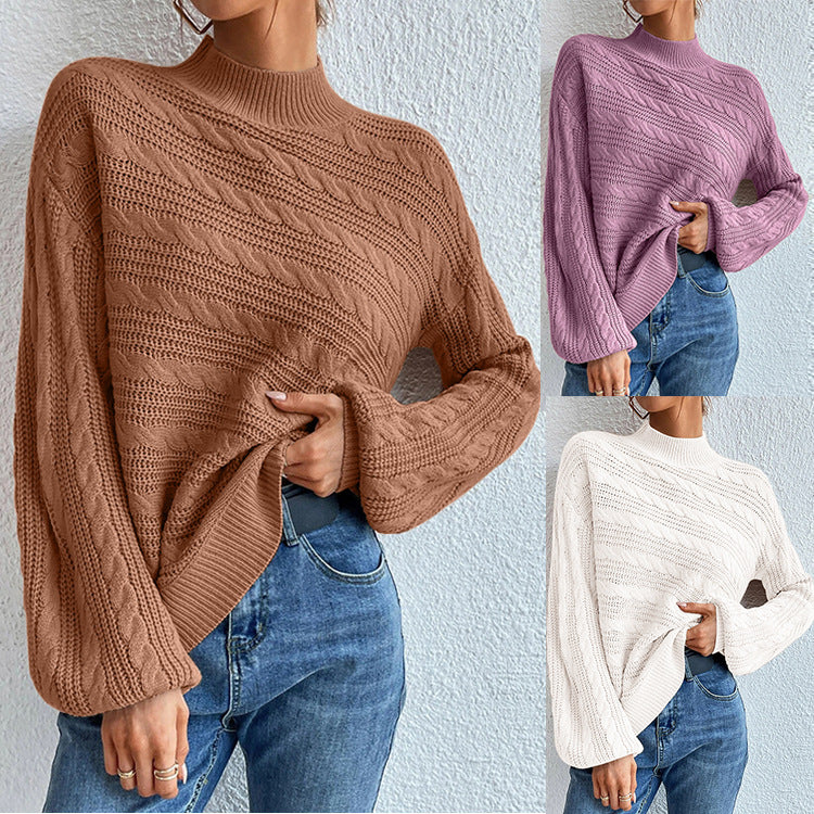 2024 Autumn and Winter New Solid Color Women's Top Loose round Neck Pullover Twist Sweater Women