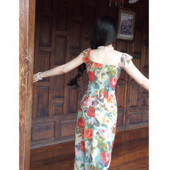 90s fashion 2024 New Spring and Summer Bright Flower Women's French Retro Waist-Tight Dress Long