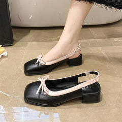 shoes Square Toe Shallow Mouth Back Empty Closed Toe Mary Jane Sandals Women's Bow Single Shoes Summer New Sweet Low Heel Shoes
